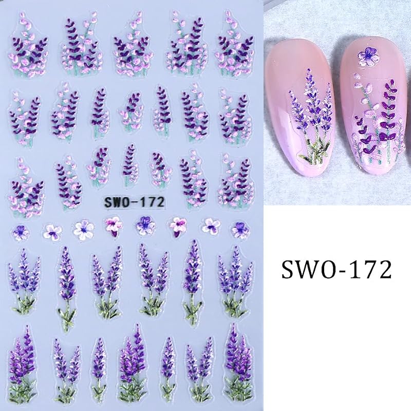 Guroenky 5D Embossed Lavender Nail Art Stickers Self-Adhesive Floral Decals