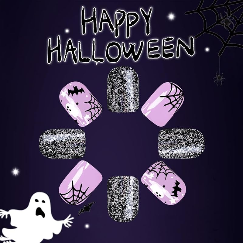 Purple Halloween Press on Nails 3D Bat Ghost Spider Web Glossy Short