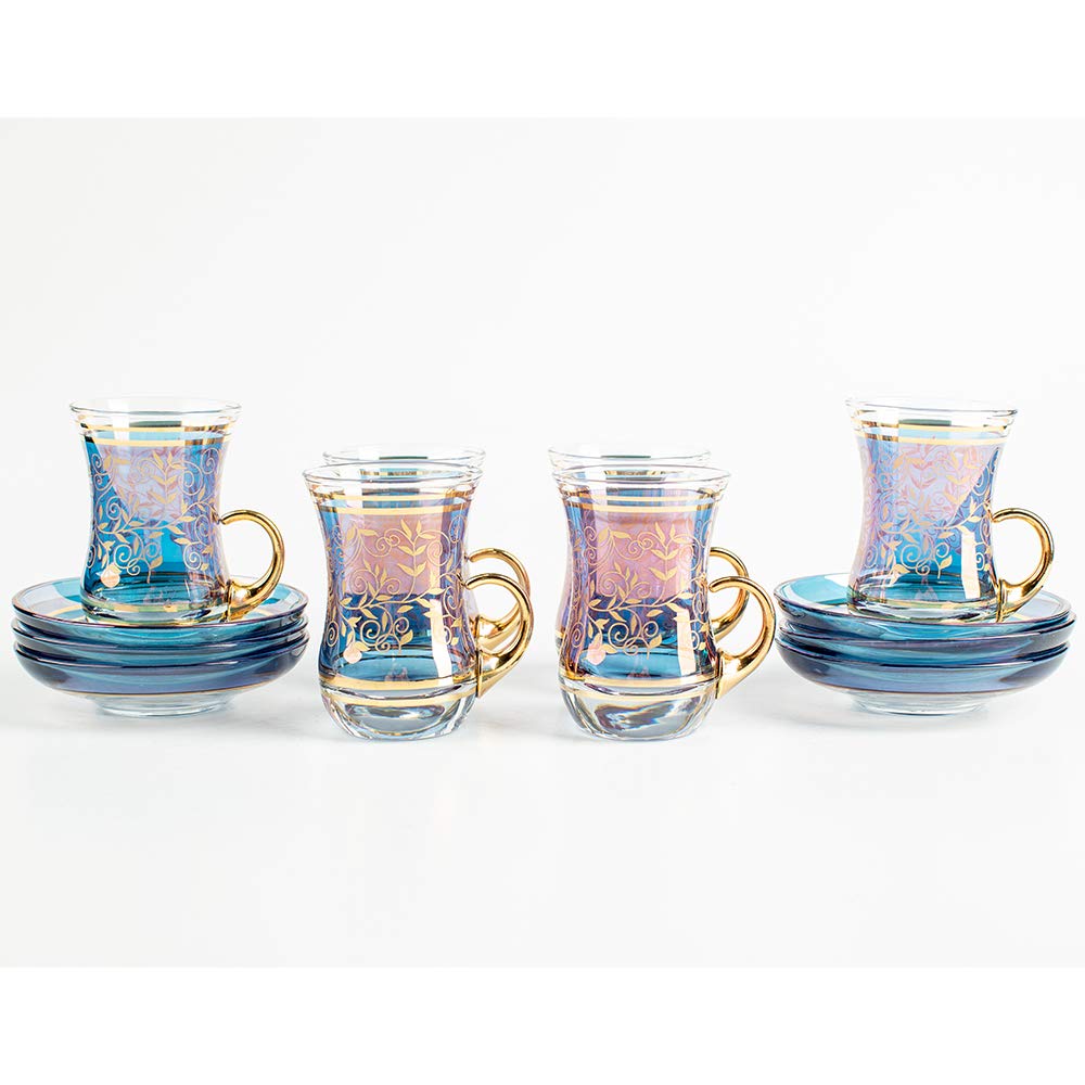 Vissmarta Vintage Turkish Tea Glasses Cups and Saucers Set of 6 Handle Drinkware Drink Bar Fancy Teapots Serving Glassware Drinking Kitchen Women Moroccan Persian Teacups Party Art Deco