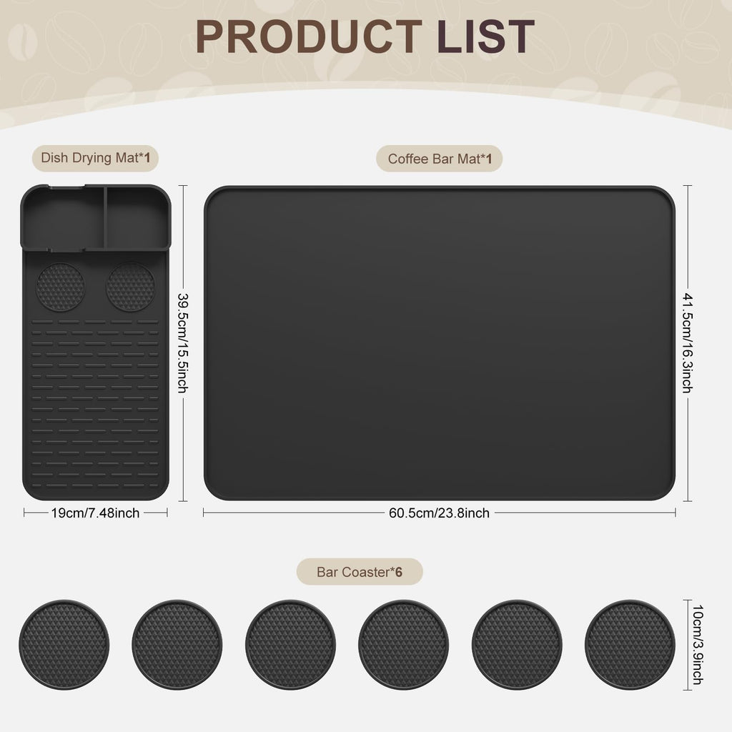 Silicone Coffee Mat with 6 Coasters,24"x16" Counter Bar Mat Fits Under Coffee Maker/Pot & Espresso Machine, Bar Aceessories,Detachable Drying Pad for Tamper,Sugar Packets,Cups & Countertop Protection