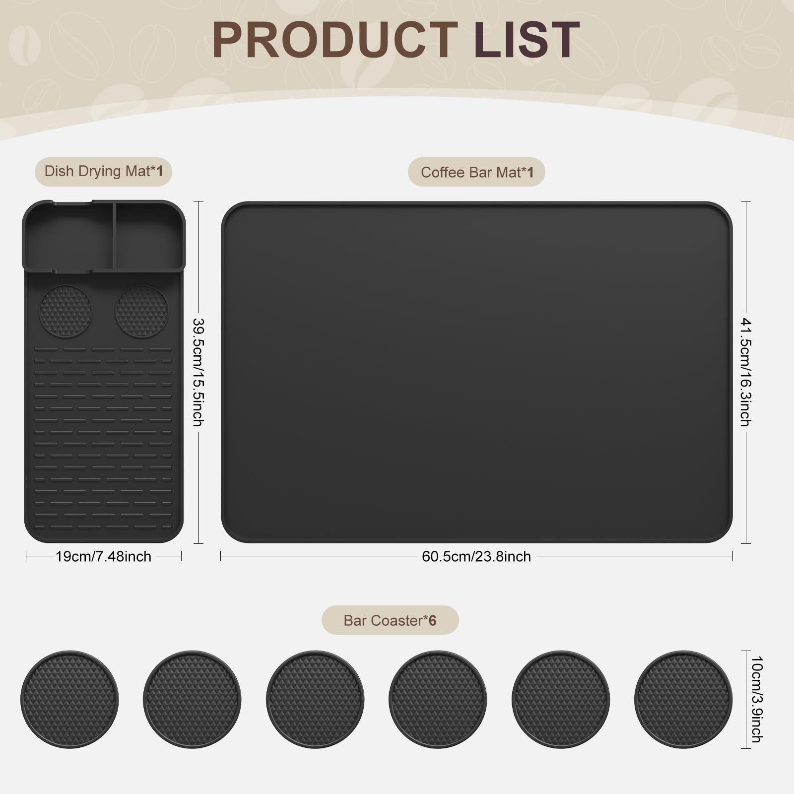 Silicone Coffee Mat with 6 Coasters,24"x16" Counter Bar Mat Fits Under Coffee Maker/Pot & Espresso Machine, Bar Aceessories,Detachable Drying Pad for Tamper,Sugar Packets,Cups & Countertop Protection