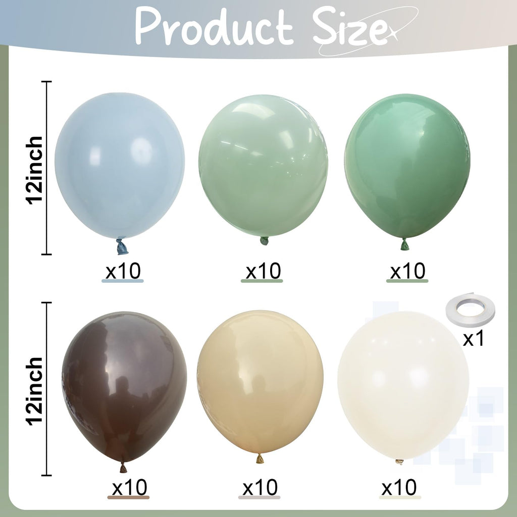 Sage Green Blue Brown Balloons, 60PCS Dinosaur Safari Dusty Blue Olive Green Coffee Beige Eucalyptus Latex Balloon Jungle Hunting Balloons for Woodland Dino Boho Baby Shower Birthday Party Decorations