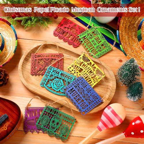 Mexican Wooden Christmas Ornaments Set - Papel Picado Style, 12 Pieces