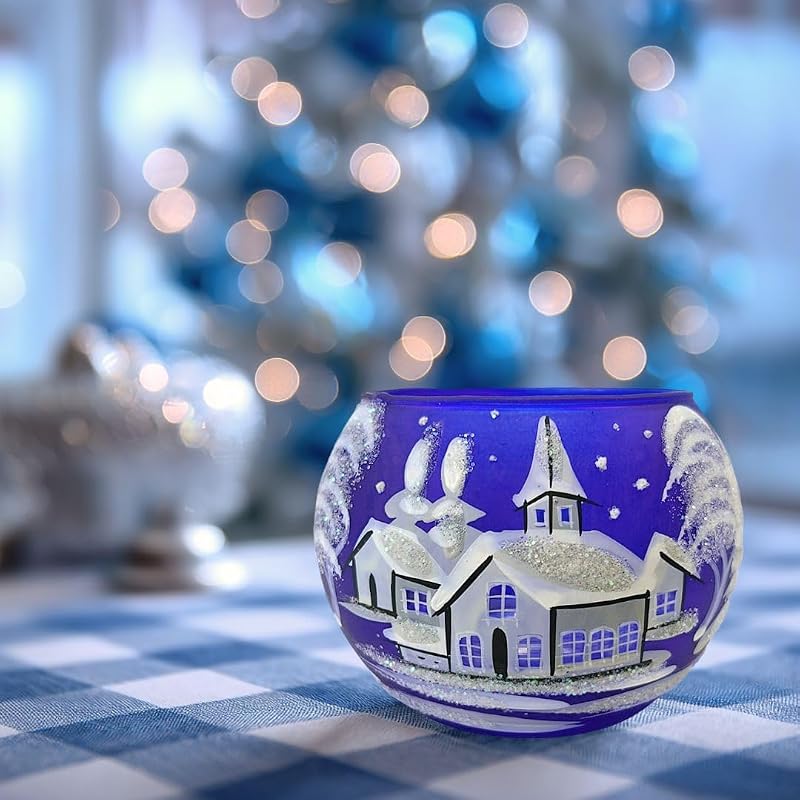 Christmas Tea Light Candle Holder Glass - Hand Painted Mouth Blown Glass, Blue, Medium - Decorvo