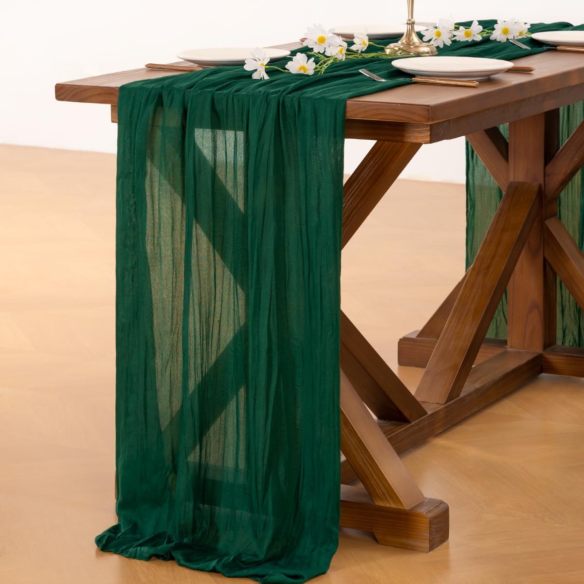 Socomi Emerald Green Cheesecloth Table Runner - 120 Inch Rustic Gauze for Weddings & Events