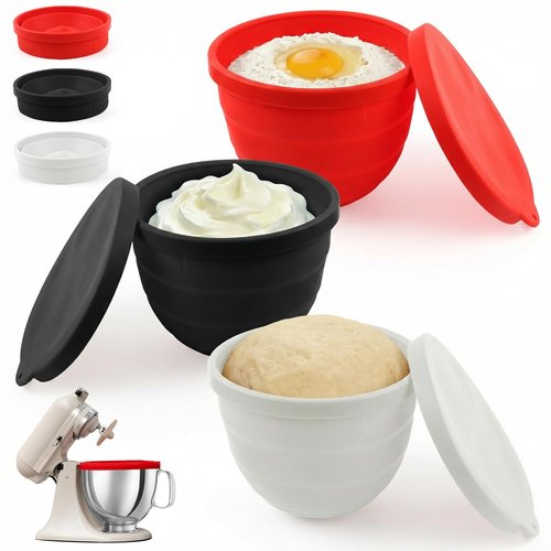 [3-Pack] Collapsible Silicone Mixing Bowl Liners Compatible with KitchenAid 5 Qt Tilt-Head Mixers - Includes 3 Liners & 3 Lids - Foldable Space Saving, Microwave & Dishwasher Safe Accessories