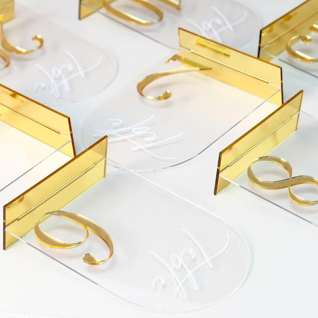 HOODO Clear Arch Wedding table numbers 1-20 with Stands, 5"x7" Arched Acrylic Signs with Gold Mirror Numbers, Clear and Gold Acrylic Table Numbers for Wedding Reception, Party, Anniversary, Event