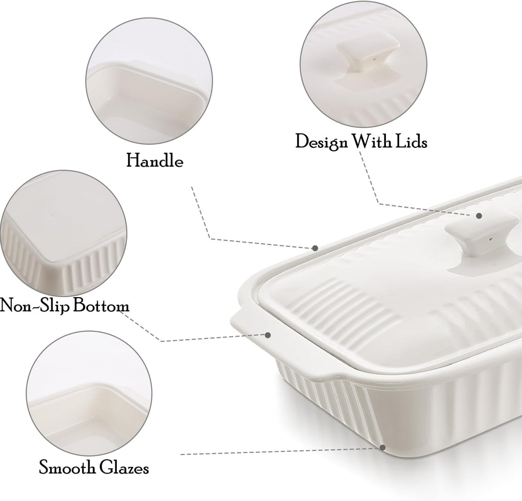 Skiennix Large Baking Dish - 5.5 Quart Ceramic Lasagna Pan with Lid | Microwave & Dishwasher Safe, White