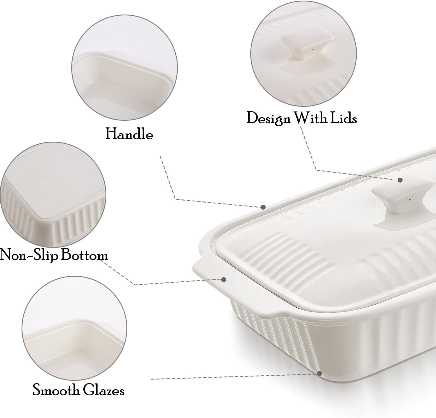 Skiennix Large Baking Dish - 5.5 Quart Ceramic Lasagna Pan with Lid | Microwave & Dishwasher Safe, White