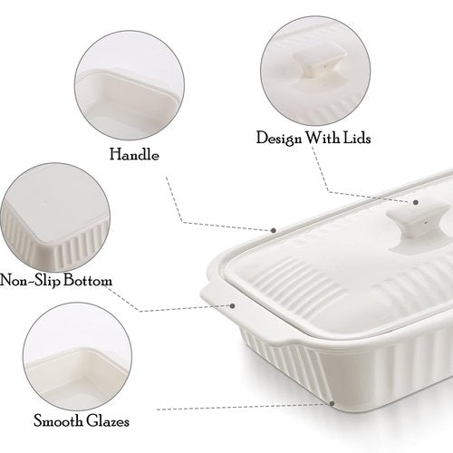 Large Baking Dish with Lid,5.5 Quart Lasagna Pan with Lid, 13.5x9 inch Ceramic Casserole Dish with Lid, Microwave, Dishwasher Safe, White