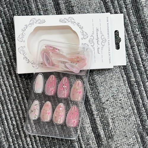 Pink Floral Medium Almond Press-On Nails with 3D Pearl Designs