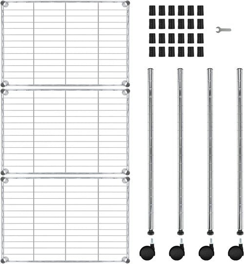 Simple Deluxe Heavy Duty 3-Shelf Shelving with Wheels, Adjustable Storage Units, Steel Organizer Wire Rack, 24.02”L x 13.78“W x 31.89”H, Chrome, HKSHLF23133003CPC