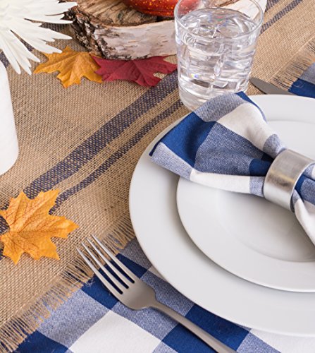 DII Jute Burlap Table Runner 14x108" - Double Border Blue