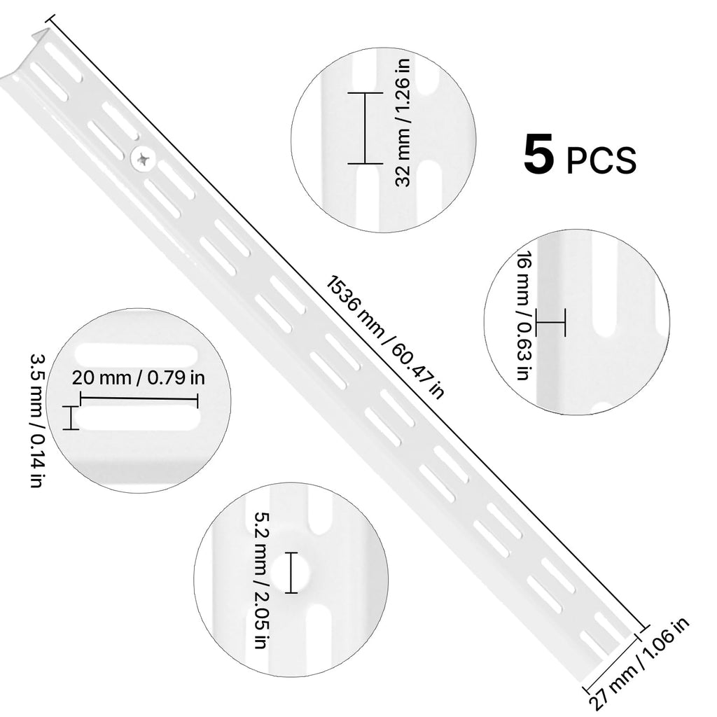 VEVOR Shelf Pilaster, 60-inch 5 Pack, Dual Track Upright Wall Shelving System, Heavy Duty Support System Twin Slot Shelf Rails, 25 Screws, Suitable for Cabinet Closet Organization Storage, Silver