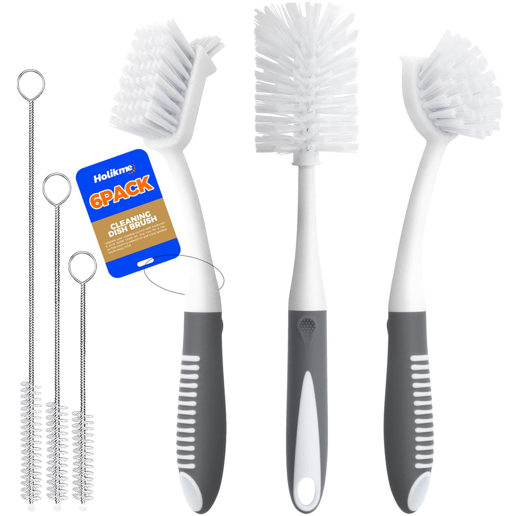 Holikme 6 Pack Dish Brush Set with Bottle Brush, Dish Scrub Brush, Pan Brush and 3 Straw Brushes, Deep Cleaning Handle Brush with Scraper Tip for Kitchen Sink Dishes Bottle Cup Pot and Pans (Gray)