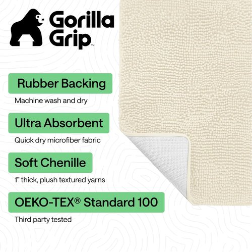 GORILLA GRIP Bath Rug Mat - Thick Soft Absorbent Chenille | Quick Dry Microfiber, 60x24, Ivory