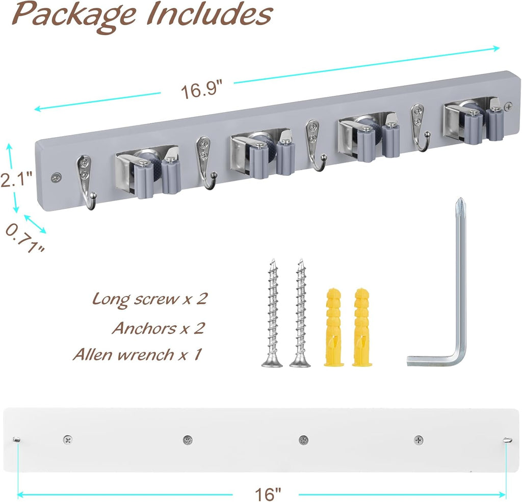 OUTNILI Gray Mop Broom Holder - Heavy-Duty Wall Mount Organizer with 4 Slots & Hooks for Laundry Room