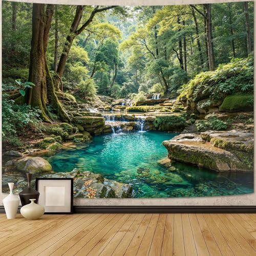 Zussun Nature Forest Tapestry, Teal Pool Landscape Wall Hanging 48x36