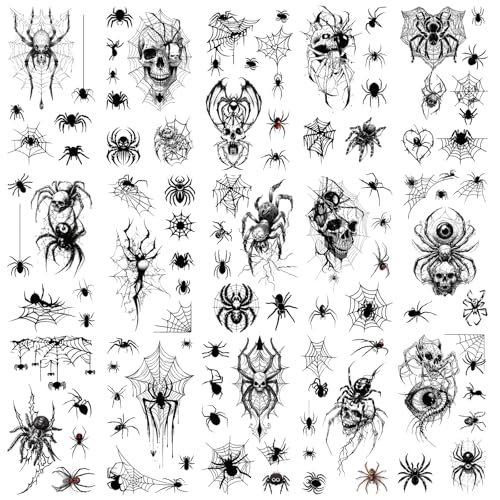 Konsait Spider Temporary Tattoos - 20 Sheets Halloween Spiderweb Face & Body Makeup