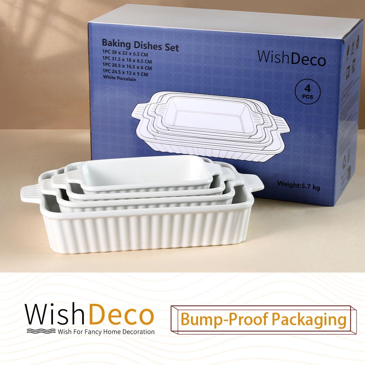 WishDeco Ceramic Casserole Dishes Set of 4 - Deep Rectangular Bakeware with Handles, White Porcelain (15''/12.4''/11''/9.6'')