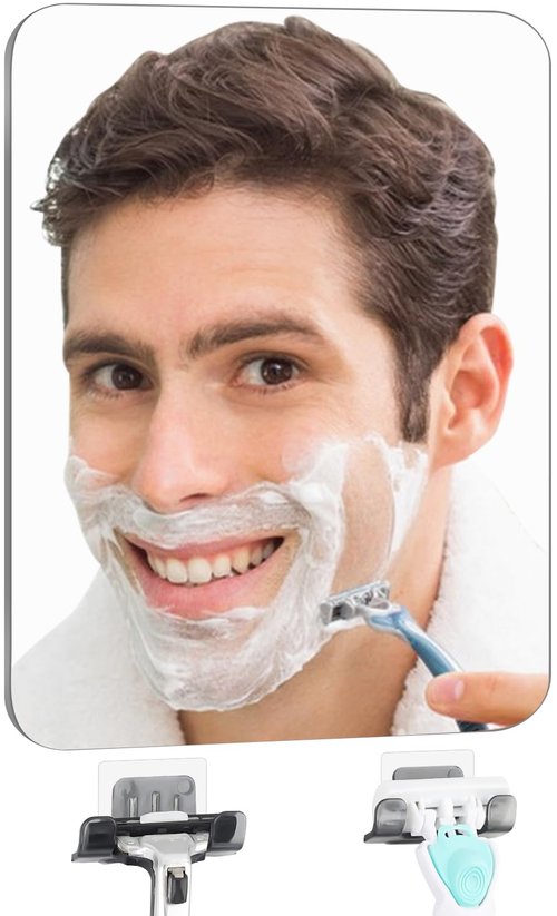 Shower Mirror Fogless Shaving with Razor Holder for Shower, Anti Fog Shower Mirror & includes 2 Razor Hooks & 2 Mirror Hooks, Easy Install & Unbreakable, Mirror for Shower Wall(Small 6.8x5.2in)