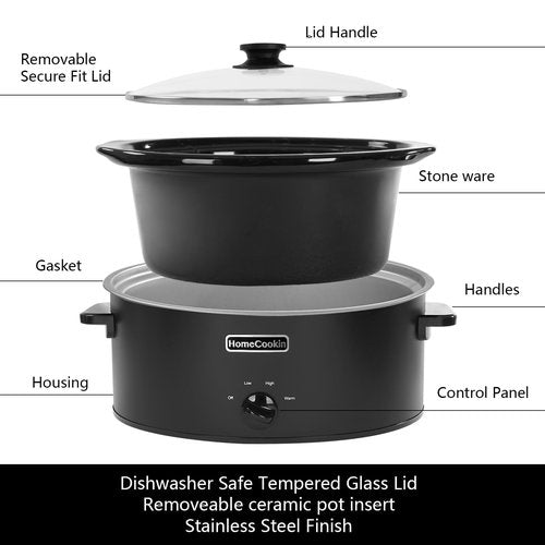 HOMECOOKIN 8 Quart Slow Cooker Oval Manual Pot Food Warmer with 3 Cooking Settings, Black Stainless Steel