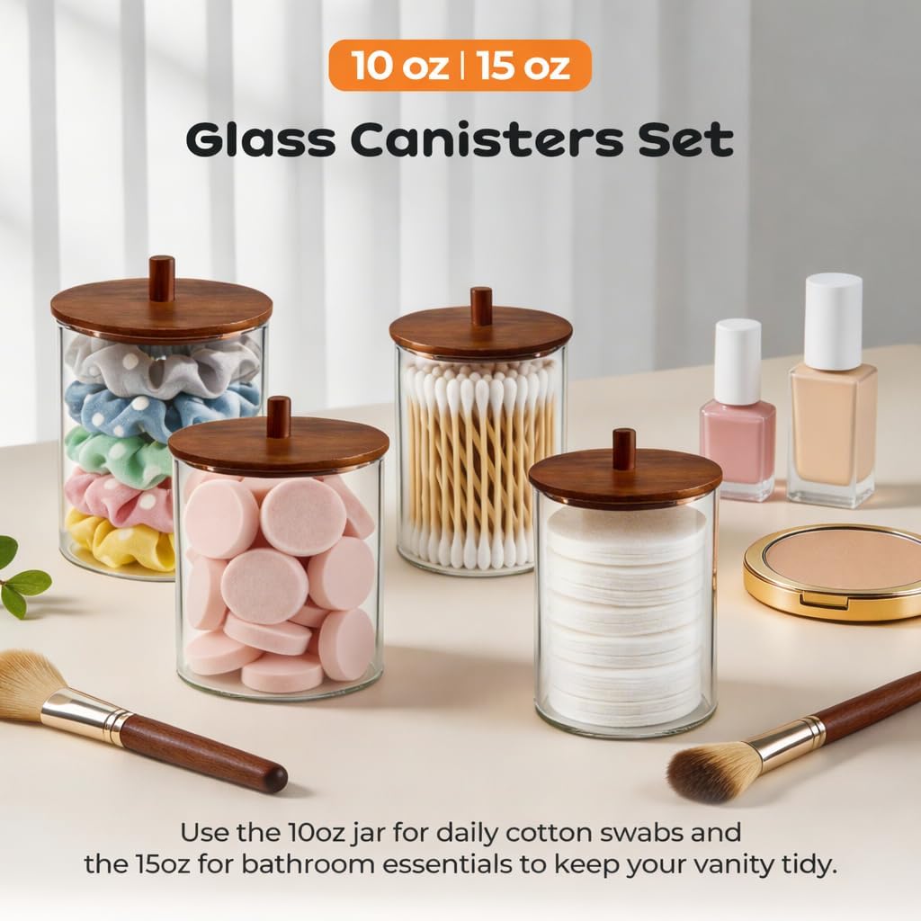 Skiennix Glass Qtip Holder Dispenser Set - 15oz & 10oz Cotton Swab Canisters with Acacia Lids | Bathroom Vanity Organizer (2 Pack)