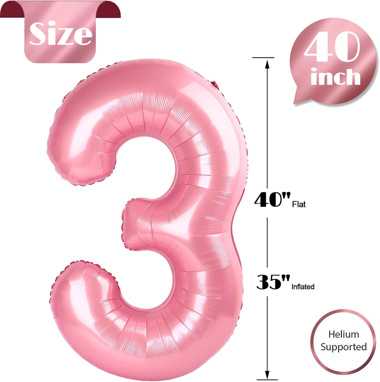Pearlescent Pink Number 3 Balloon - 40 Inch for 3rd Birthday Celebration | Perfect for Girls and Boys