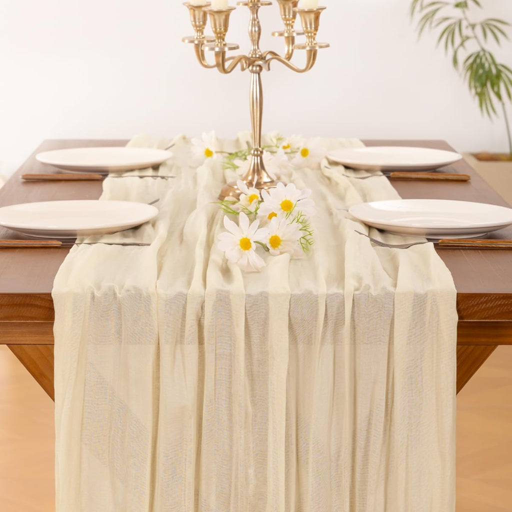 Socomi Cheesecloth Table Runner - 120 Inch Beige Boho Rustic Decor for Weddings & Events