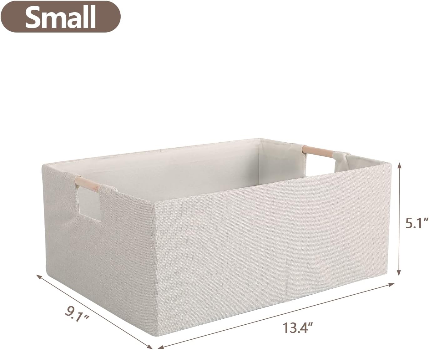 Skiennix Fabric Storage Bins - Foldable Cotton Linen Baskets with Wooden Handles | Small Beige 3-Pack
