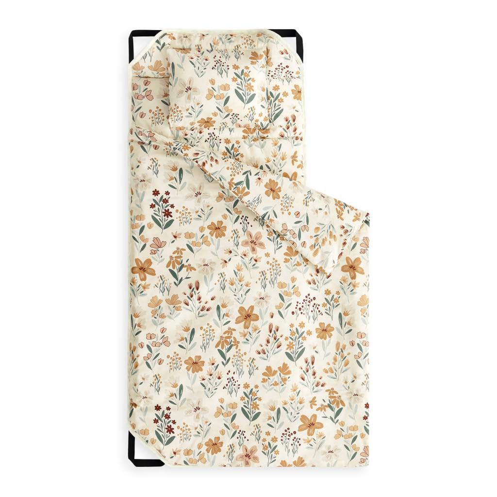 Wake In Cloud - Cot Nap Mat with Pillow and Blanket, for Toddler Kids Girls Ages 3 Plus in Daycare Kindergarten Preschool with Elastic Corner Straps, Floral Botanical Flowers, Orange Cream