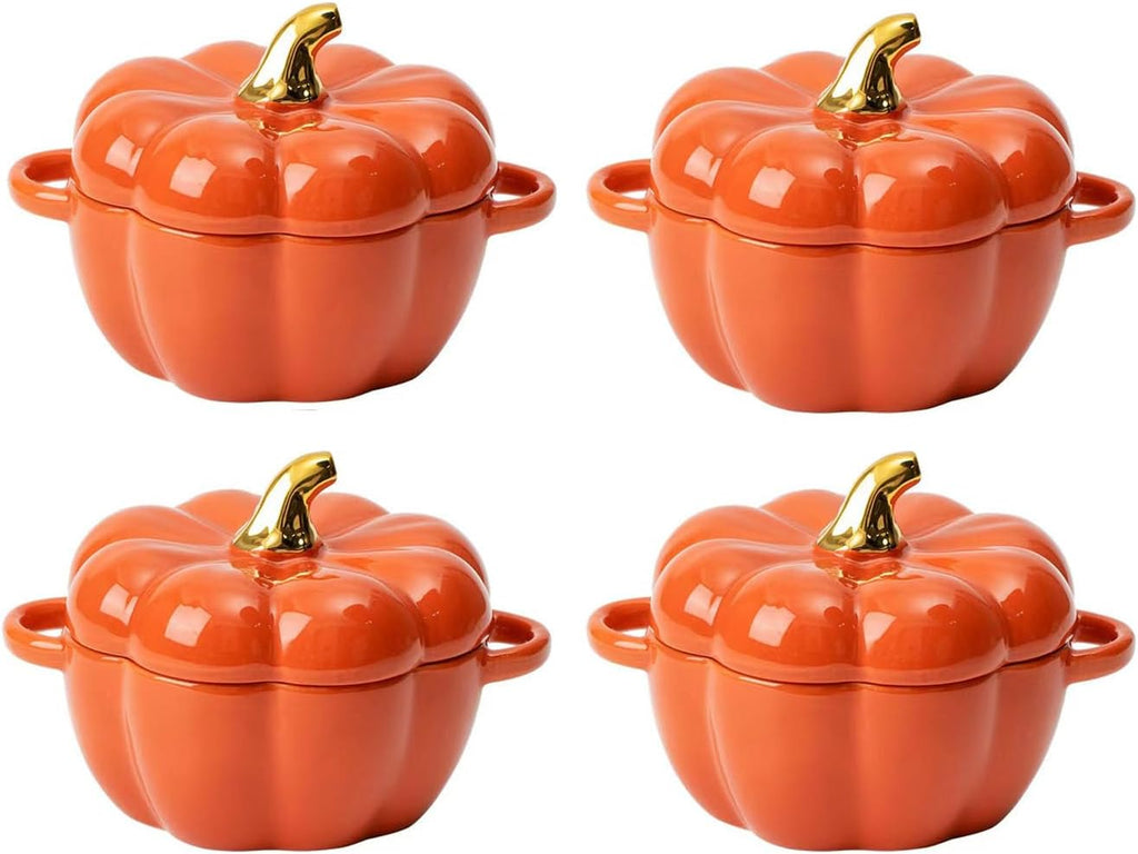 Pumpkin Bowl Set - 4 Ceramic Ramekins with Lid & Handle | Oven Safe Stoneware, 14 Oz (Orange)