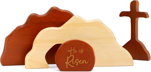 He Is Risen | Empty Tomb Scene Easter Decorations - Natural Wood Christian Decor for Home & Office