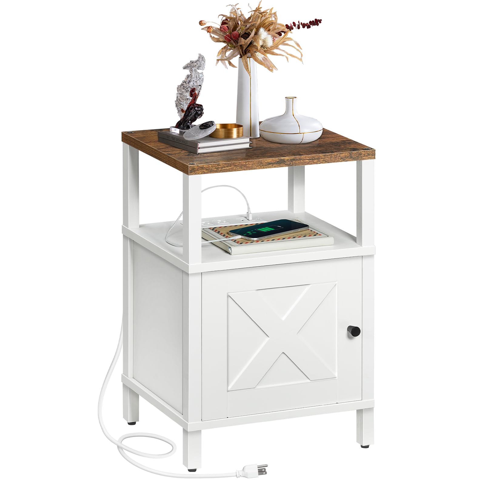 MAHANCRIS Farmhouse Nightstand with Charging Station, White Bedside Table with USB & Type-C Ports, End Table with Storage and Open Shelf, Modern Side Table for Bedroom, Rustic Brown ETRW96E01