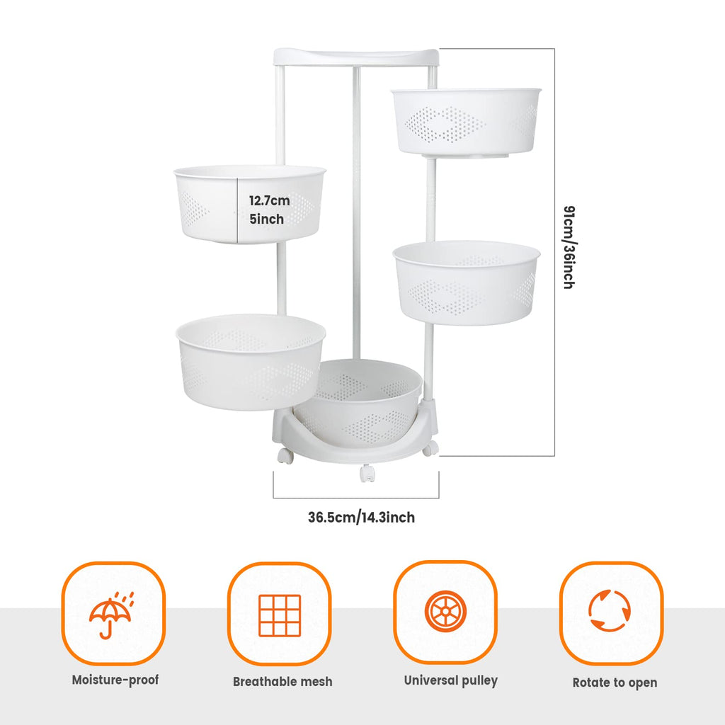 JELLYRATTBIT PP Plastic 5-Tier Rotating Storage Basket Rack, Multi-functional Organizer for Kitchen, Home