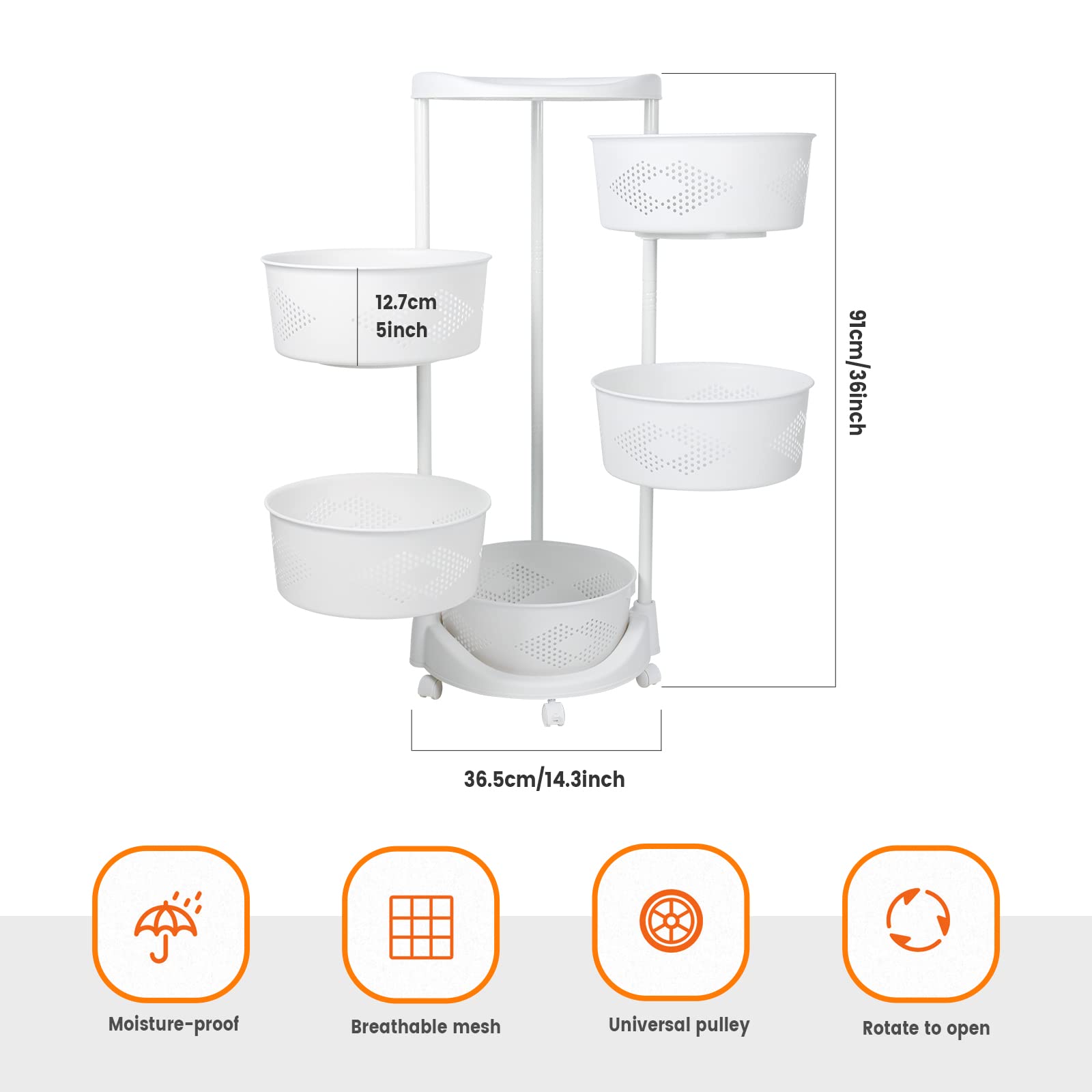 JELLYRATTBIT PP Plastic 5-Tier Rotating Storage Basket Rack, Multi-functional Organizer for Kitchen, Home