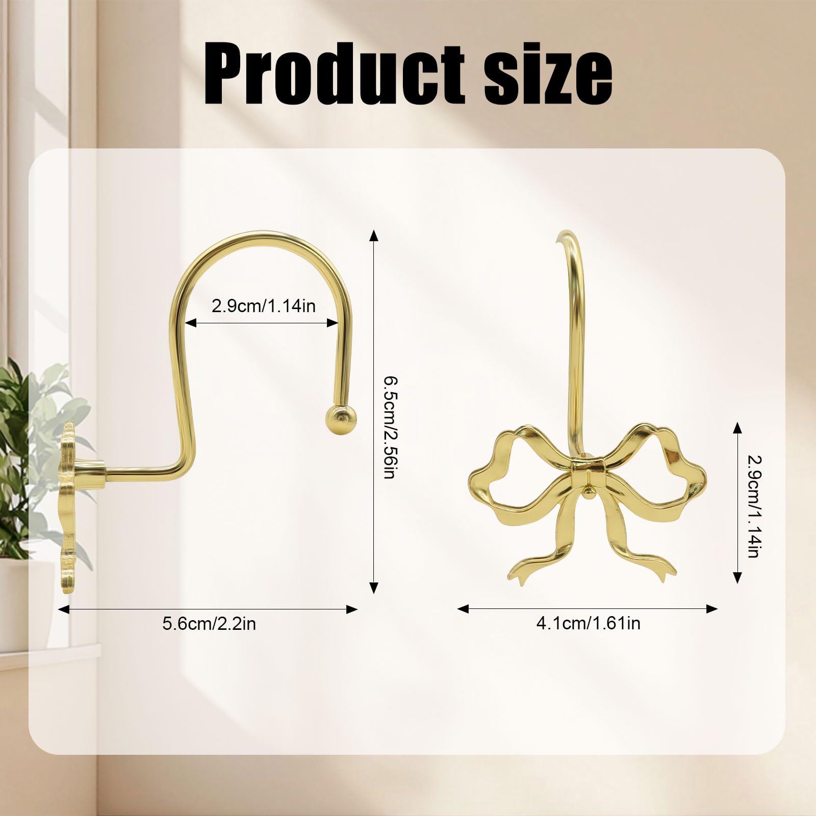 Bow Decorative Shower Curtain Hooks, Fshion Bowknot Shower Curtain Rings, Modern Bow Shower Curtain Hangers, 12PCS Shower Hooks for Shower Curtain, Home Decor, Bathroom, Bedroom, Living Room (Gold)