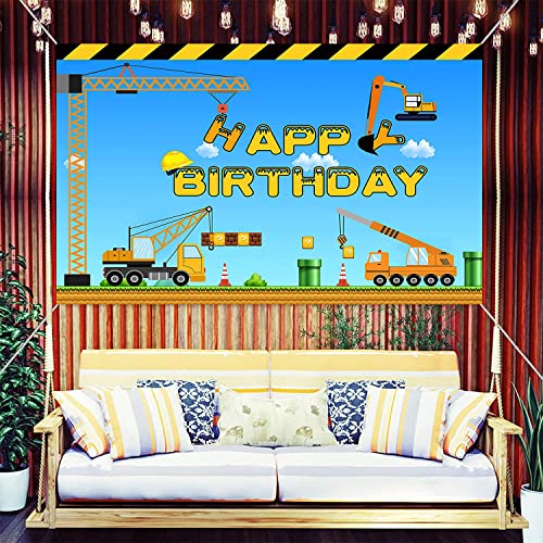 Construction Theme Birthday Backdrop for Kids - Dump Truck & Crane