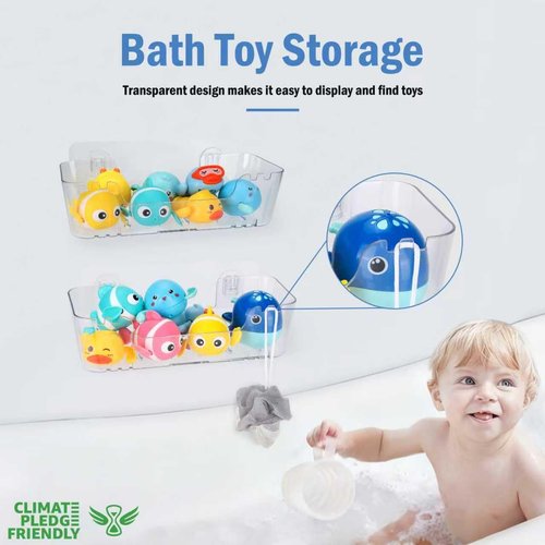 EEKEDO Bath Toy Storage Organizer 2 Pack Clear Bathtub Toy Storage Holder Large Capacity Shower Caddy Wall Mounted Shower Organizer No Drill for Bathroom, Quick-Dry, Easy to Clean and Install