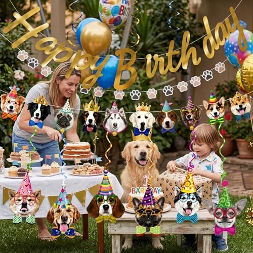 Dog Birthday Banner Set with Gold Glitter & Decorations