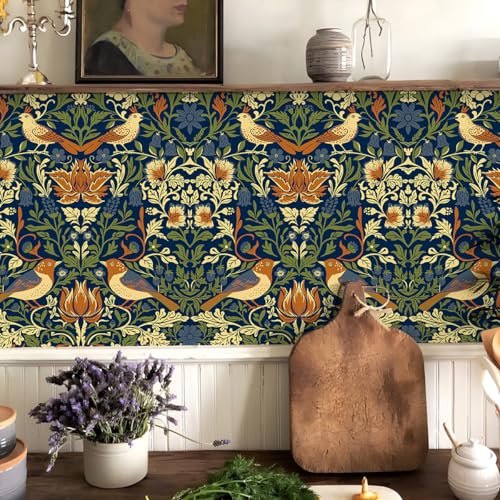 Self Adhesive Vintage Bird Shelf Liner Dark Blue 17.3"W x 78.7"L - Waterproof Drawer & Cabinet Cover