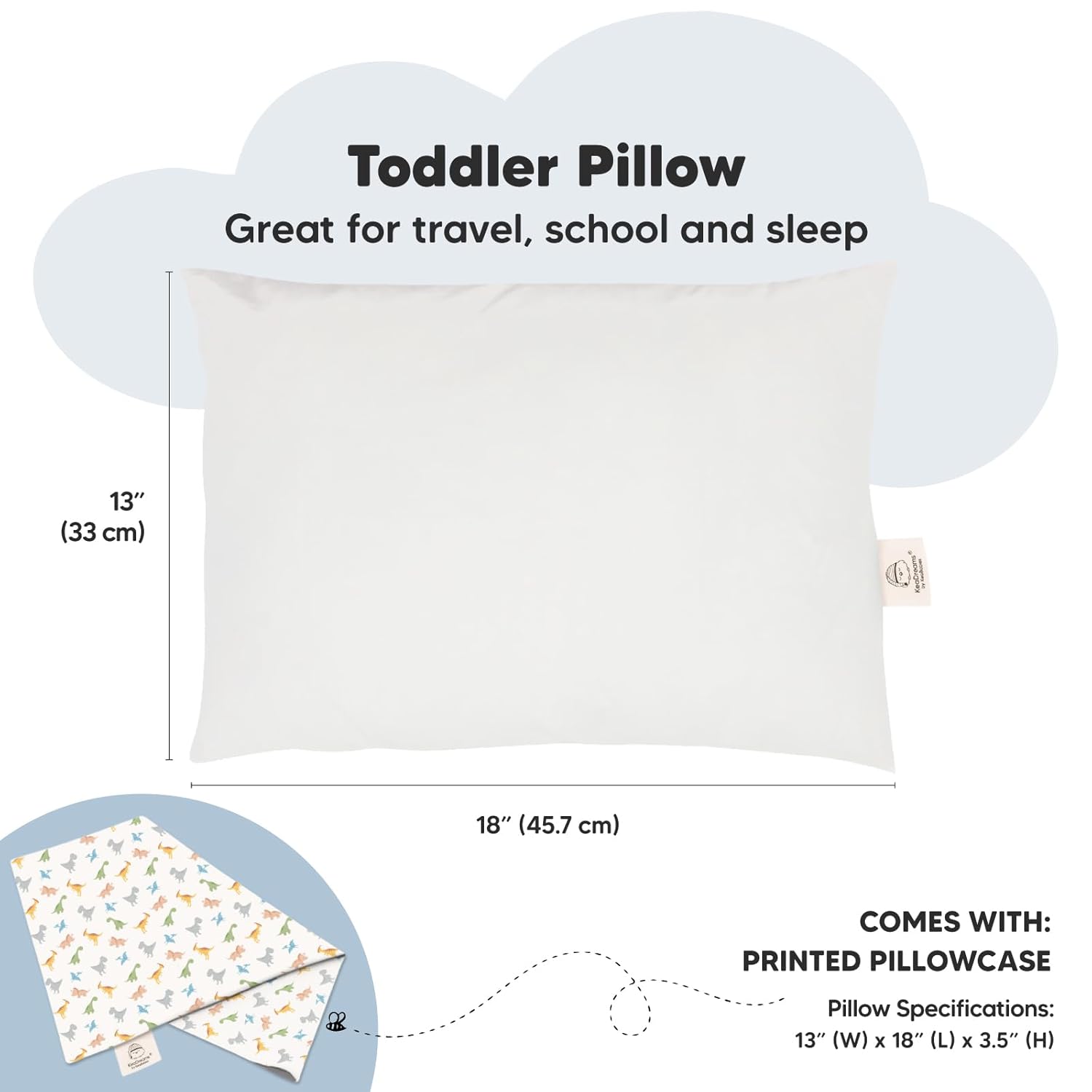 My Little Dreamy Toddler Pillow - Soft Organic Cotton Travel Bed Pillow with Case | 13x18, Machine Washable, Ages 2-5 (Roarsome)