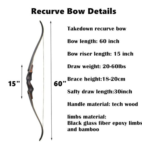 60" Black Hunter Takedown Recurve Bow 20-60 Lbs Traditional Wood Right Handed Bow American Hunting Longbow for Hunting Target Practice (Black Brown, 40 Lbs)