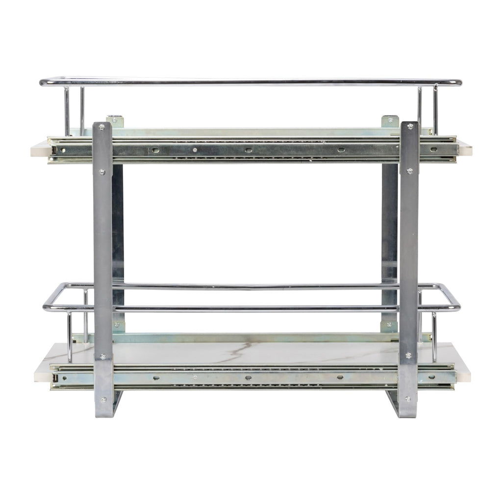 Household Essentials Glidez Chrome-Plated Steel and Faux Marble 2-Tier Pull-Out/Slide-Out Storage Organizer, 11.25" Wide, White and Chrome