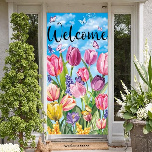Spring Floral Welcome Door Banner - Tulip & Butterfly Porch Decor 35.4x70.9"