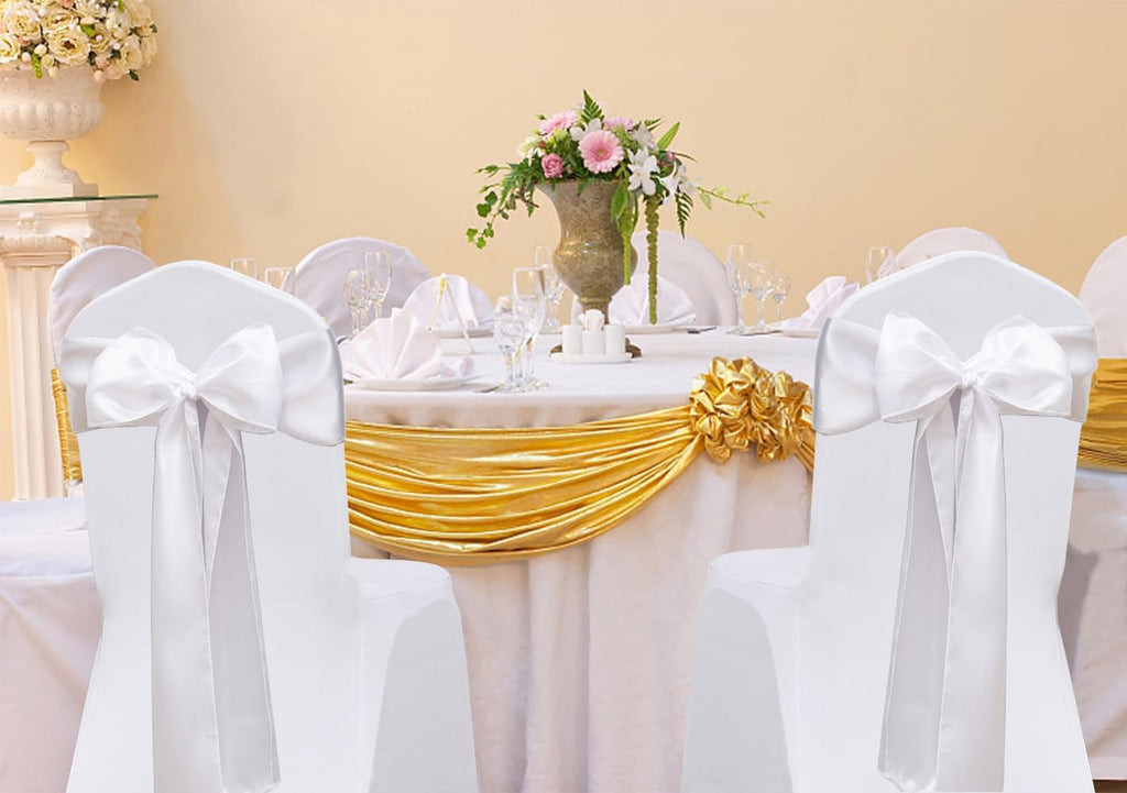 Regine Switzerland Satin White Chair Sashes - 7 X 108 Inch Bows for Weddings & Events | Pack of 50