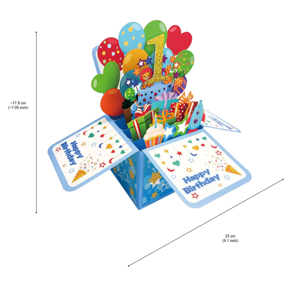 ZOOYOO Happy 1st Birthday Card,3D Pop Up First Birthday Greeting Card for Baby Boy,Son,Grandson,Nephew with 1 Envelop,1 Message Card(Blue)