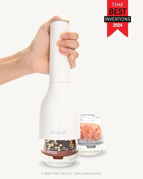 FinaMill Classic Battery Spice Mill - Battery Operated Salt & Pepper Grinder Set with 2 Pods & LED Light