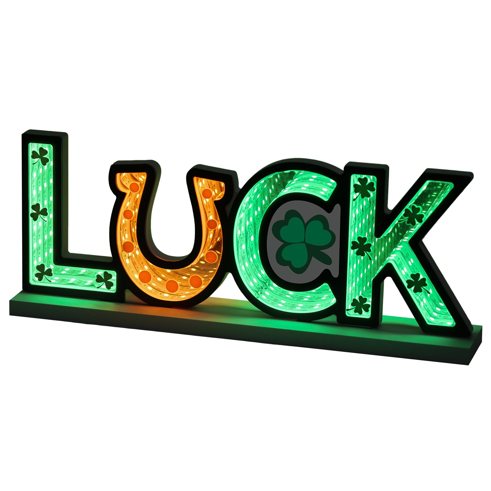 MEETYAMOR St Patricks Day Decorations, Luck Sign Infinity Mirror Tunnel Light with Shamrock for St Patricks Day Decor, Night Lights with Endless Extension for Home Living Room Table Centerpiece