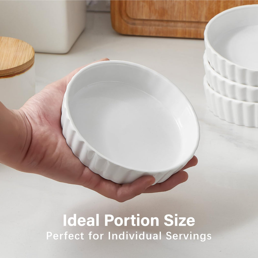 ONEMORE Ramekins, Creme Brulee Ramekins 8 oz Oven Safe White Porcelain Small Baking Dishes for Individual Serving, Fluted Shallow Soufflé Dishes Quiche Dish Mini Tart Pans Sauce Ramekin Set of 6